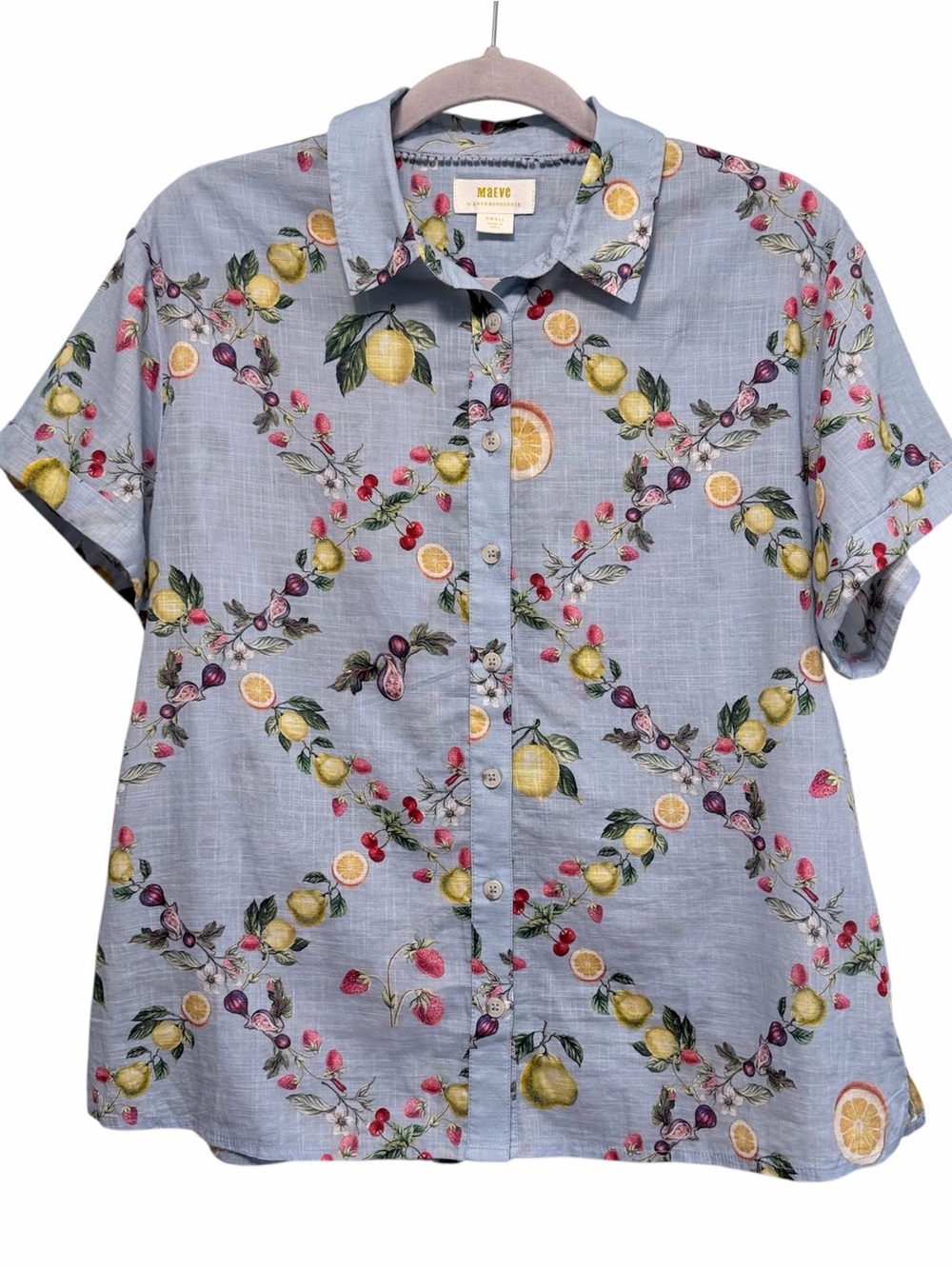 Maeve Anthropologie 100% cotton button up fruit print shirt top, size small